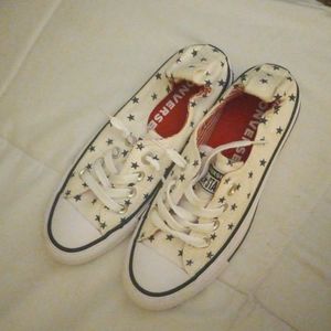 Converse slide on sneakers size 5,white with navy blue stars ,red insides.New